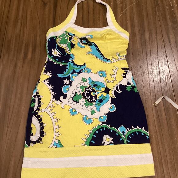 Muse yellow blue halter retro Floral Tropical Halter waffle cotton Dress Size 6 - Picture 9 of 10
